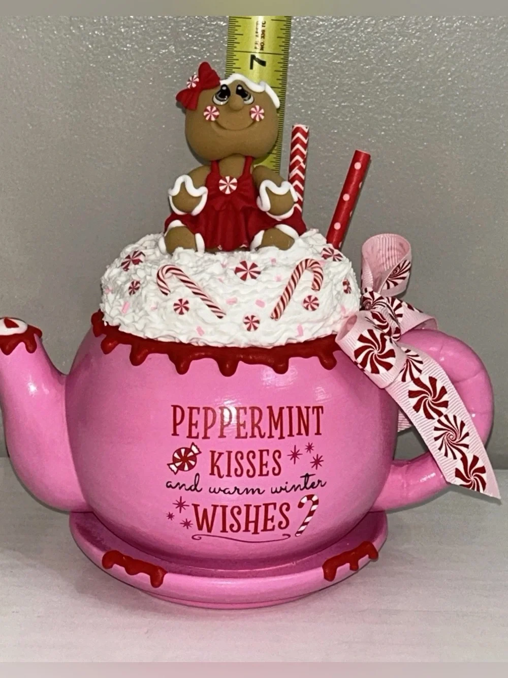 Peppermint Kisses Warm Winter Wishes Fake Gingerbread Dessert Teapot Handmade